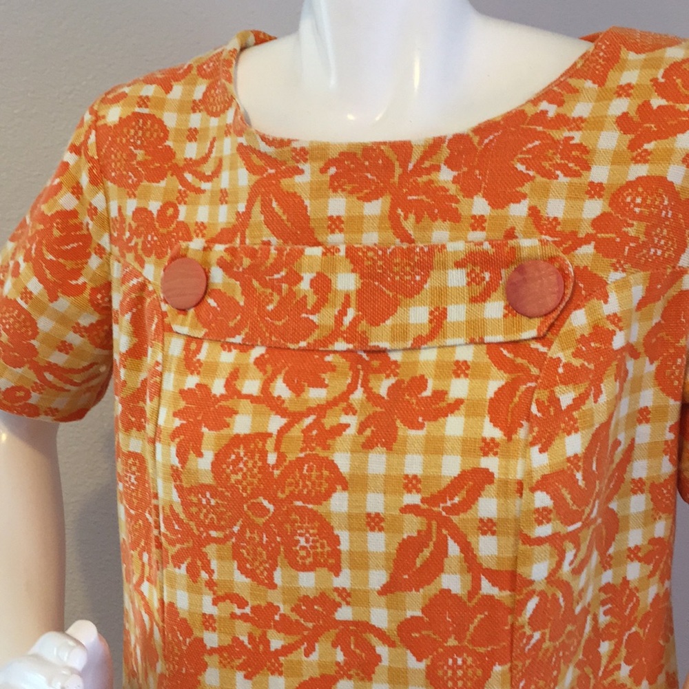 Vintage Orange Yellow Gingham Short Sleeve Dress